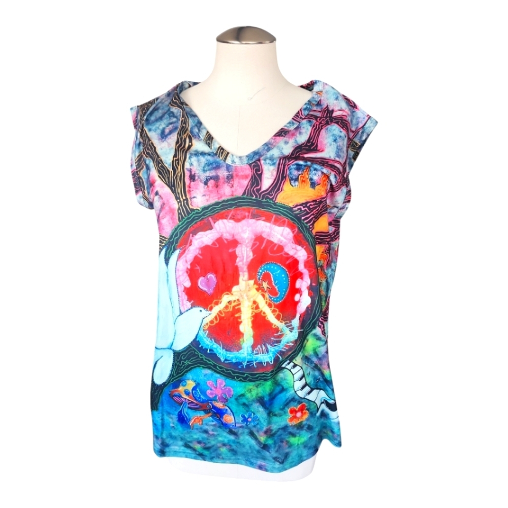 Psychedelic Peace Sign Art Tee | Vivid Graphic Cap Sleeve Top | Size L
